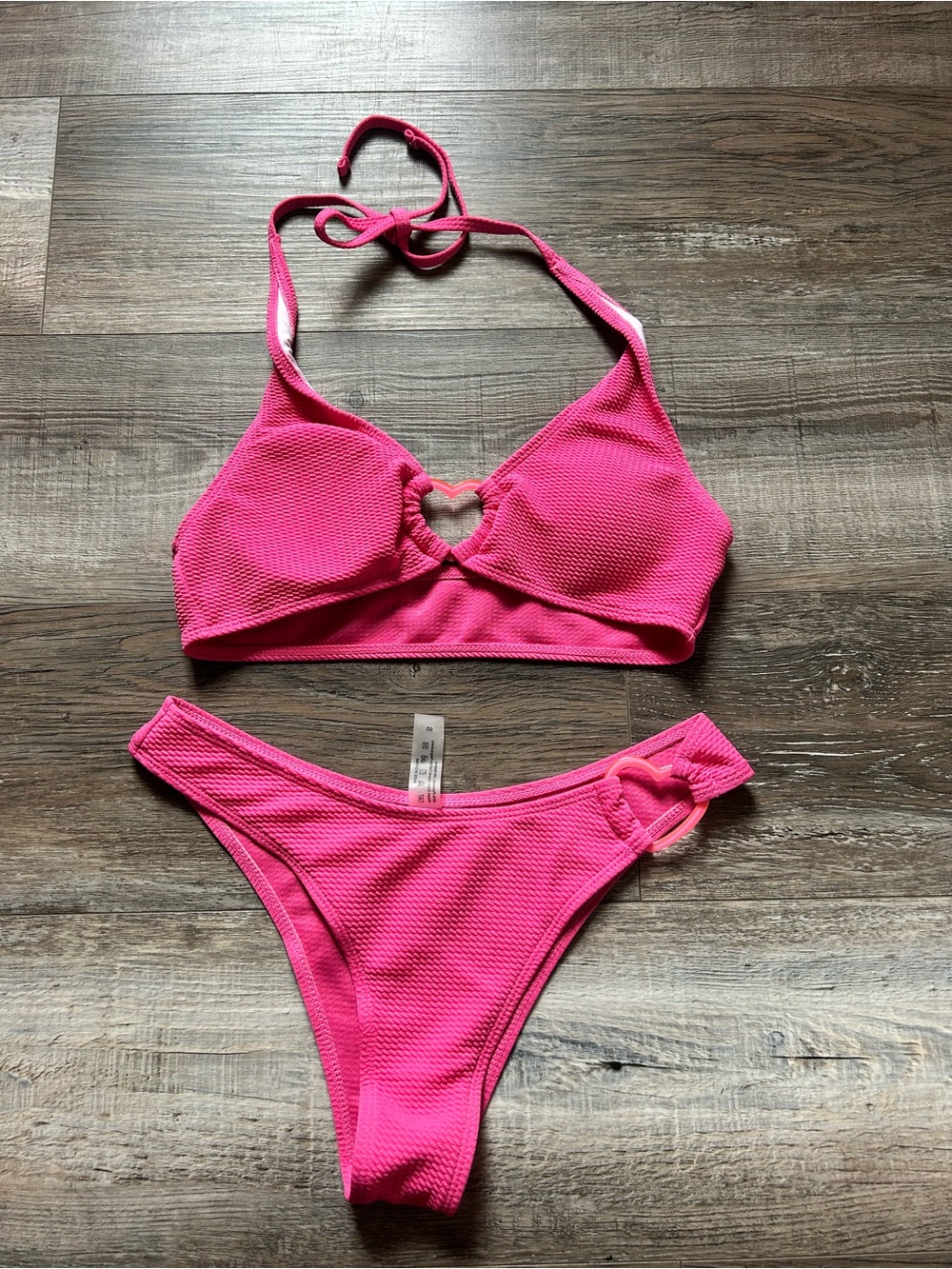 SHEIN Hot Pink Heart-Detail Textured Bikini Set